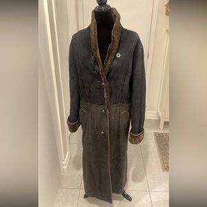 MONTREAL CREATION JEZ Full Length Maxi Shearling Leather Coat Black/Grey Size 9